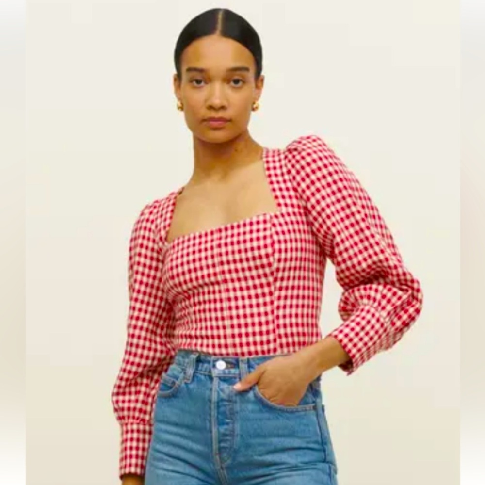 Reformation Red Gingham Puff-Sleeve Square-Neck linen Top